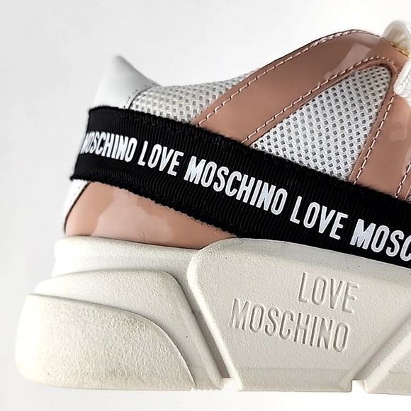 NWT LOVE MOSCHINO Women's Logo-Tape Mesh Salmon Leather Chunky Trainers Sz 8.5 - Picture 9 of 15